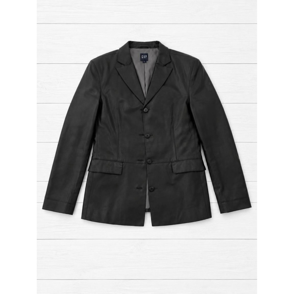 GAP Vintage 90s Genuine Leather Blazer Jacket Black Y2K Minimalist Coat Large